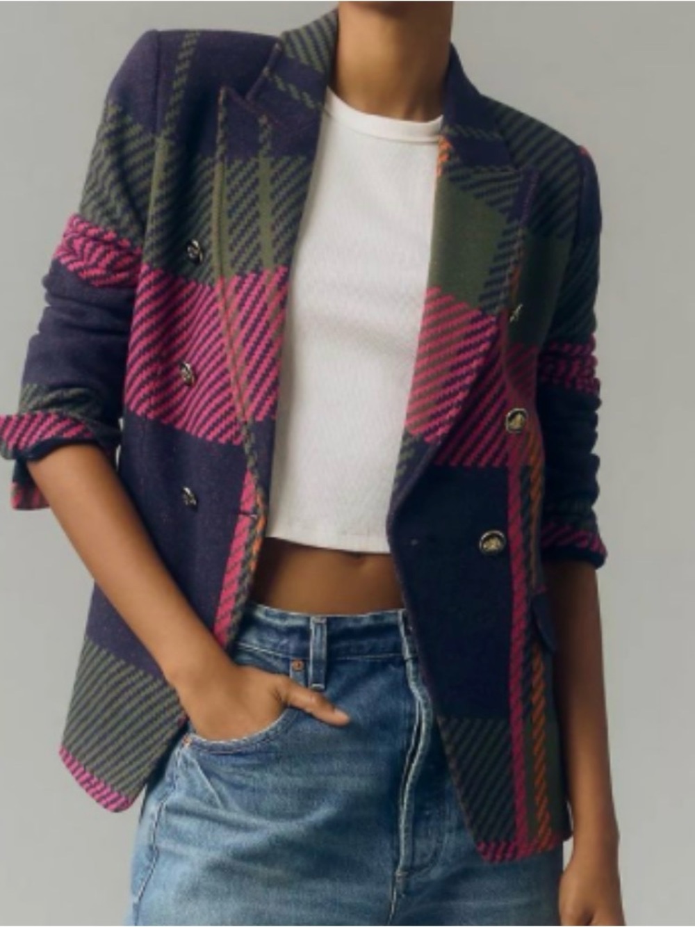Pink & Green Plaid Double-Breasted Wool Blend Blazer